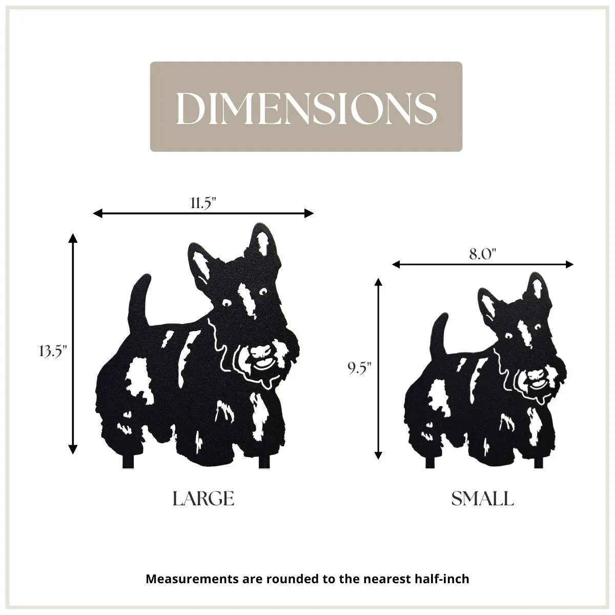 Scottish Terrier silhouette in matte black metal, showcasing dimensions for small and large sizes, perfect for garden decor.