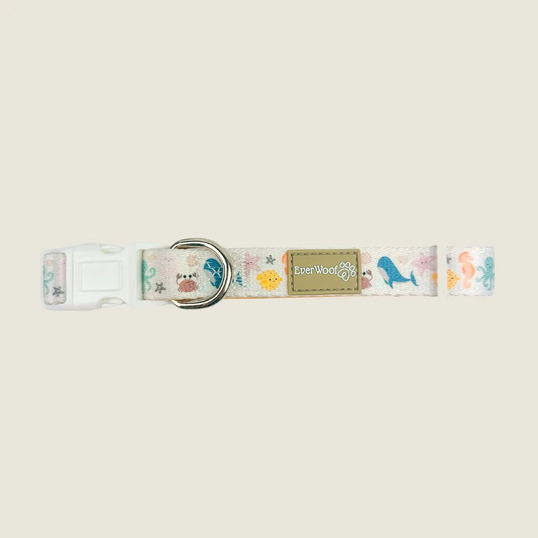 Stylish Sea la Vie dog collar by EverWoof with marine animal prints on a soft, adjustable strap.