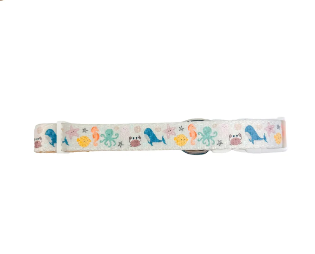 Adjustable Sea la Vie dog collar featuring a colorful marine life pattern on soft neoprene fabric.