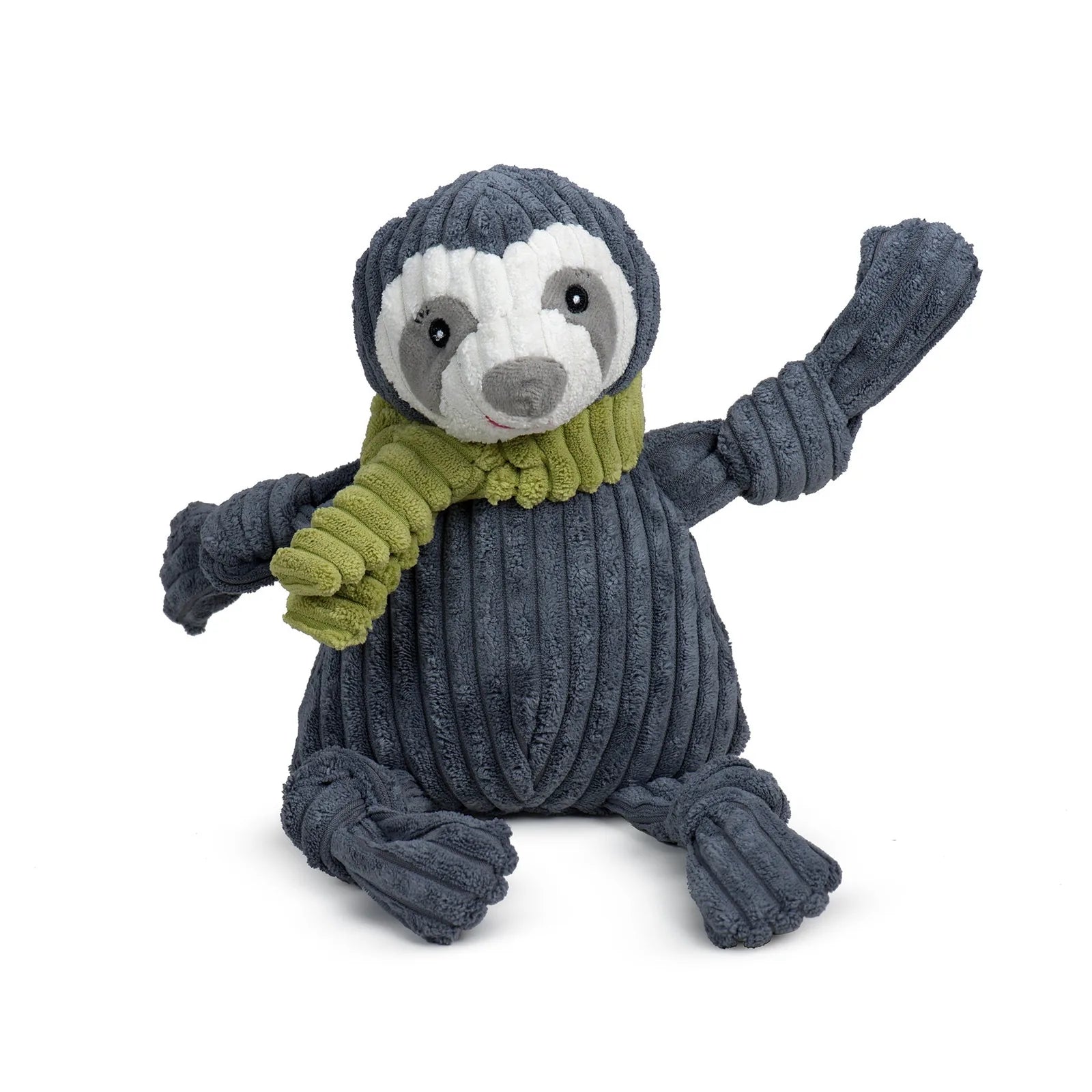 Plush sloth dog toy with a textured navy body and a green scarf, featuring knotted limbs and a friendly face.