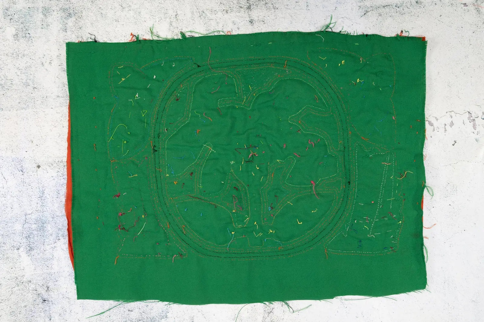 Hand-stitched green tapestry featuring a shaggy puppy design with colorful threads, showcasing traditional Panama Mola art.