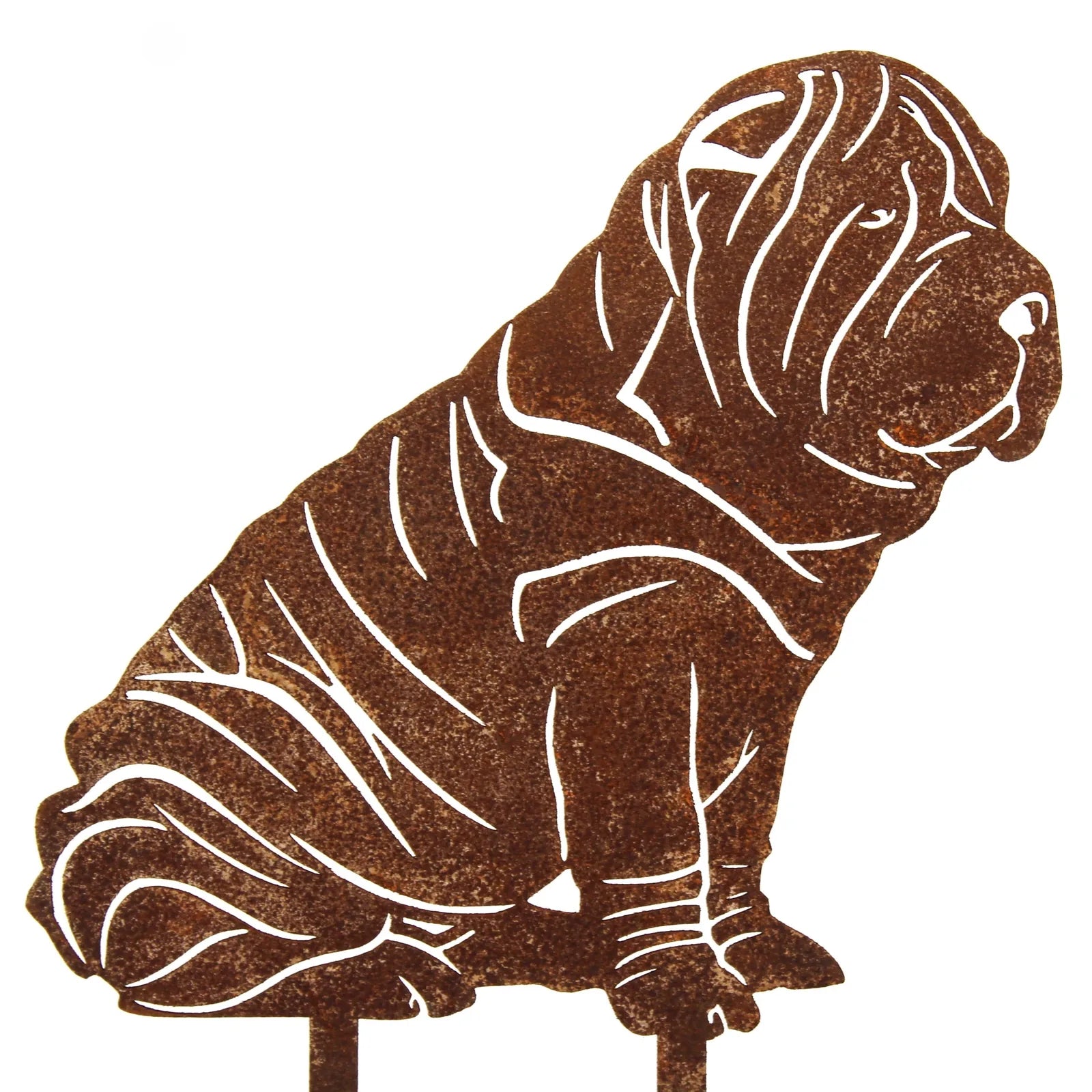 Rusty Corten steel silhouette of a sitting Shar Pei, showcasing intricate folds and details in a dog-themed outdoor decor...
