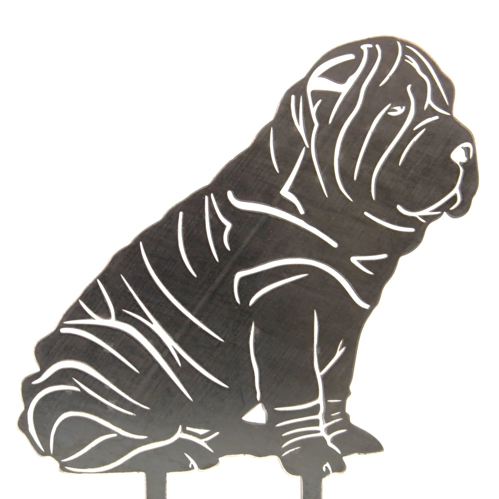 Black metal silhouette of a Shar Pei dog, showcasing detailed wrinkled fur and a seated position, suitable for outdoor decor.