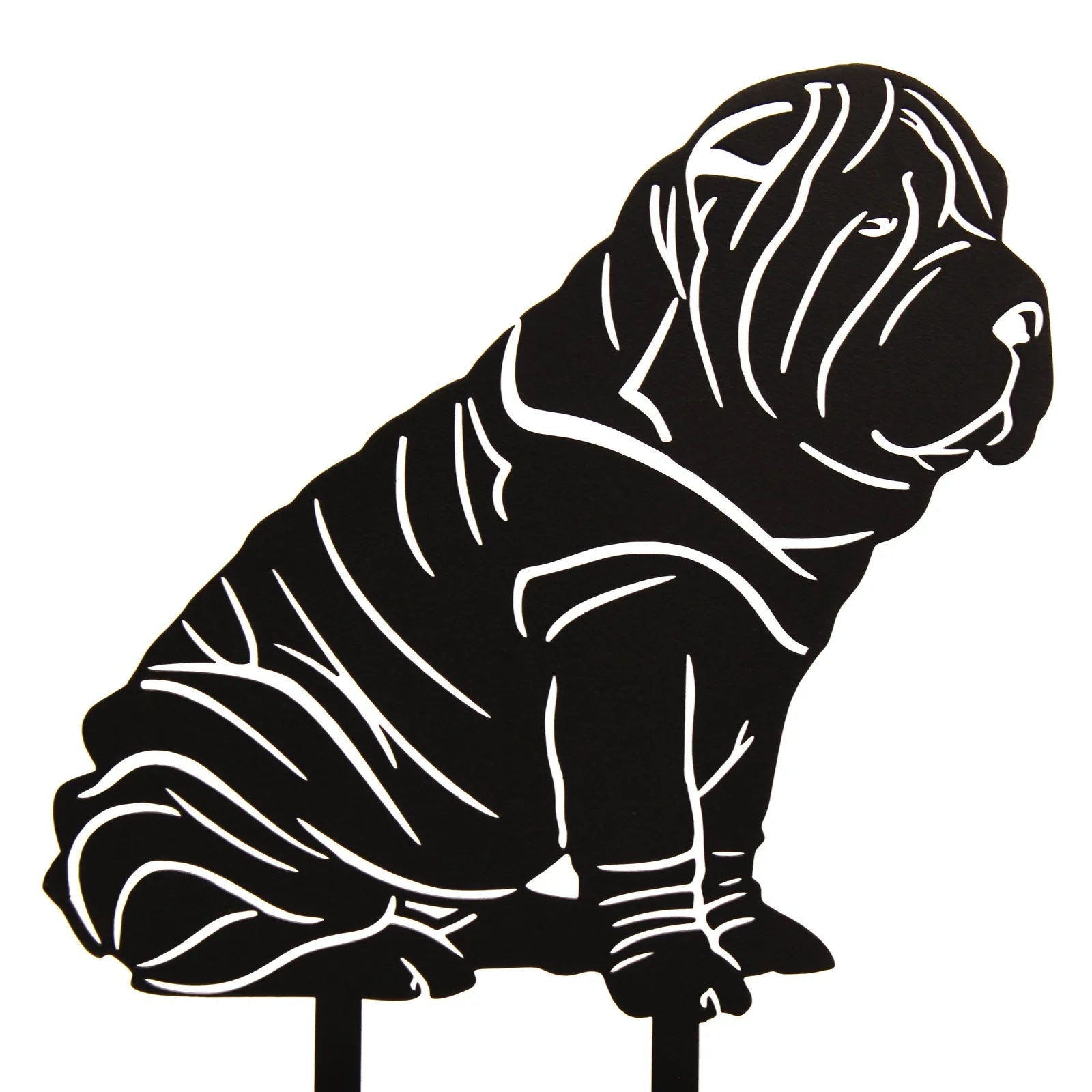 Black metal silhouette of a Shar Pei dog, highlighting its distinctive wrinkled features and seated pose.
