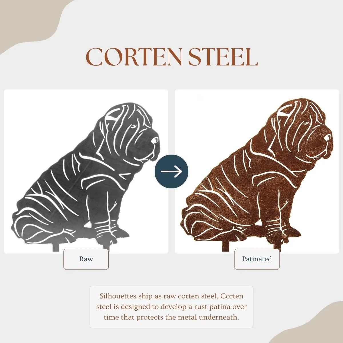 Shar Pei metal silhouette showcasing raw and patinated finishes in Corten steel, highlighting its unique rusting process.