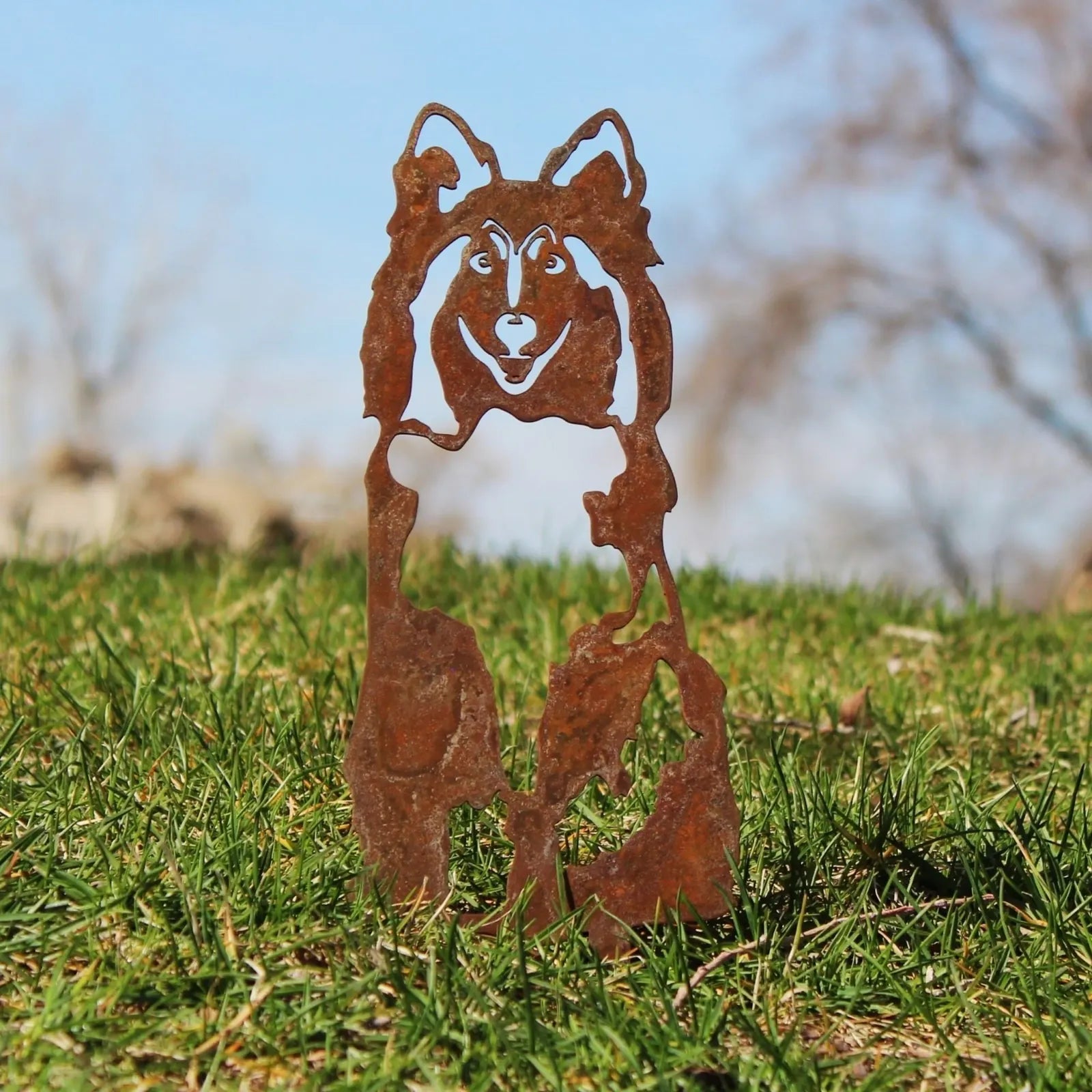 Rusty metal silhouette of a Shetland Sheepdog standing on grass, showcasing intricate details and outdoor decor design.