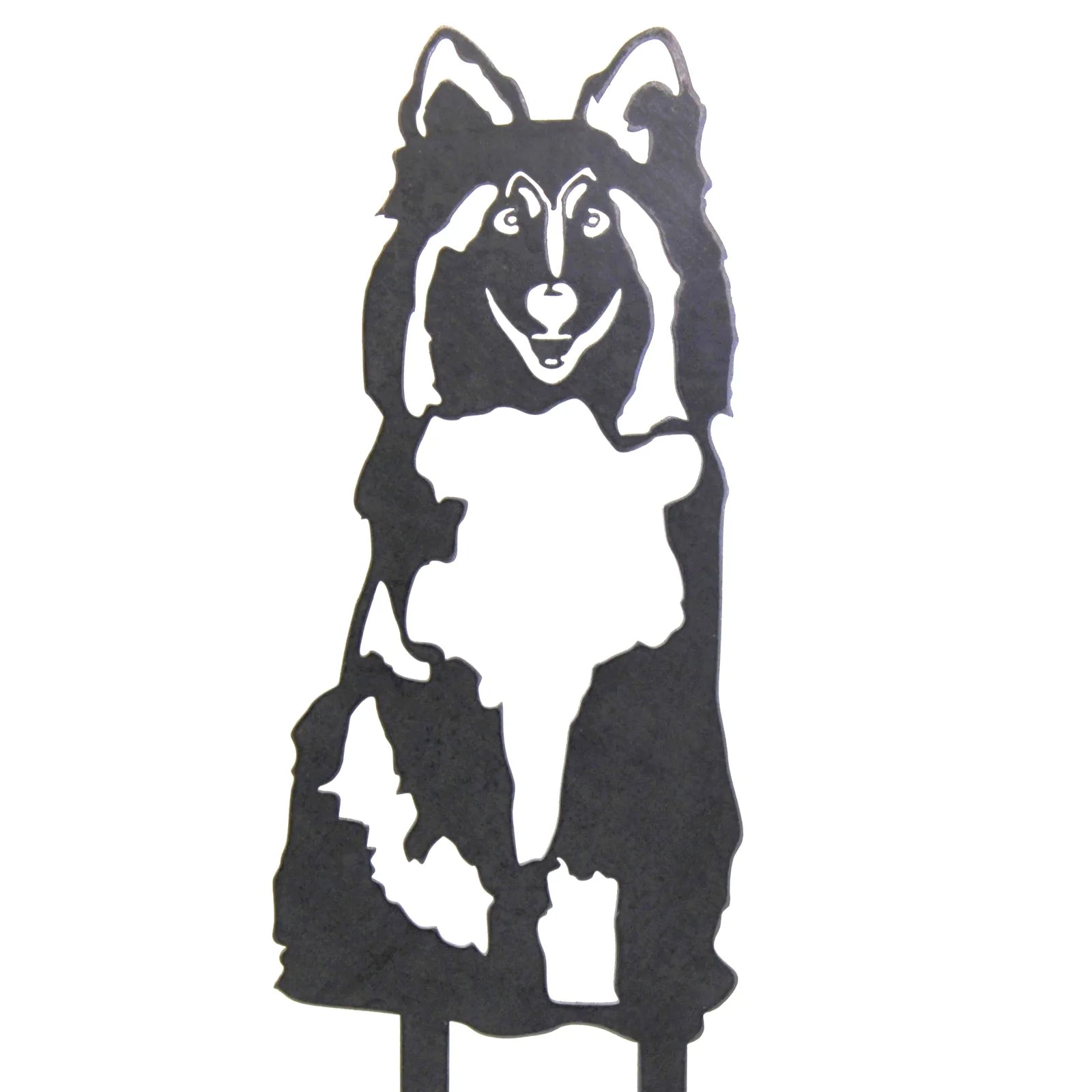 Shetland Sheepdog metal silhouette in matte black, showcasing intricate cutout design for outdoor dog decor.