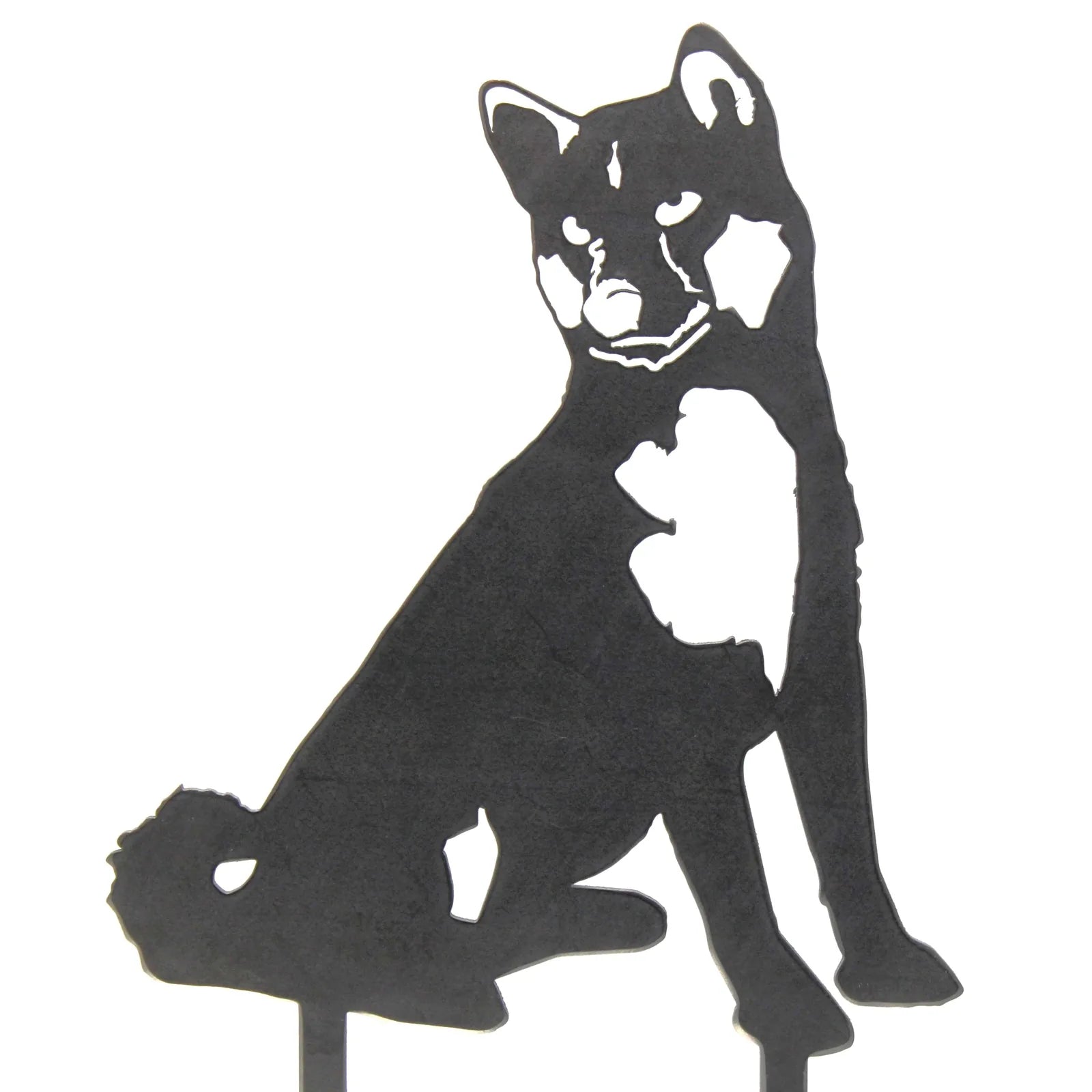 Black Shiba Inu metal silhouette featuring detailed cutouts, perfect for outdoor decor or garden display.