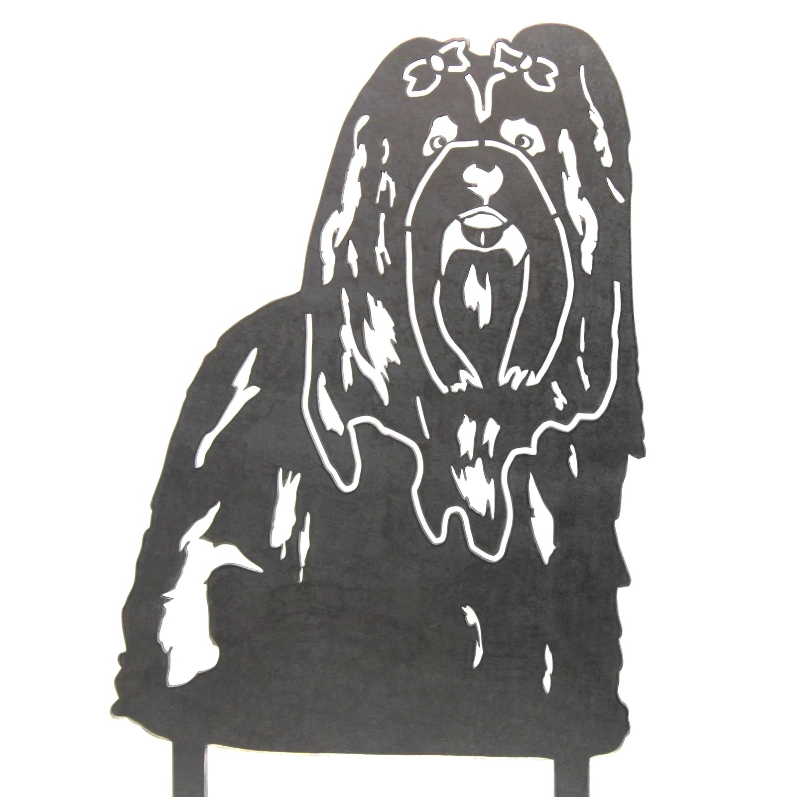 Handmade black metal silhouette of a Shih Tzu dog with detailed features, ideal for garden decor.