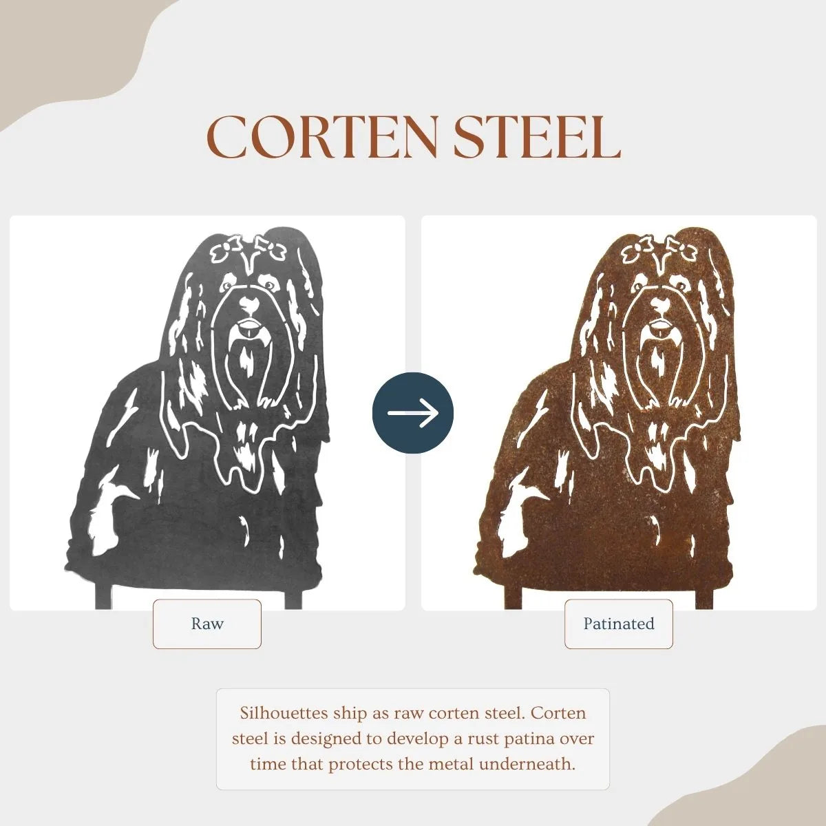 Handmade metal silhouette of a Shih Tzu dog in Corten steel, showing raw and patinated finishes with distinctive rust effe...