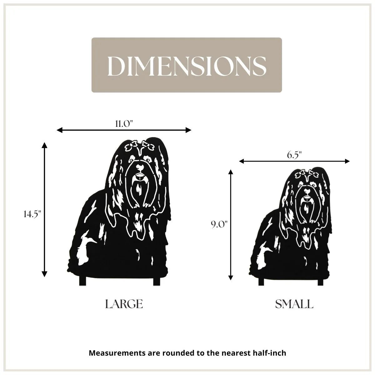 Dimensions of a Shih Tzu dog silhouette in black metal, showcasing large (14.5") and small (9") variations.