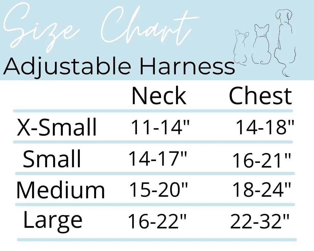 Size chart for adjustable harness showing neck and chest measurements for X-Small to Large sizes.