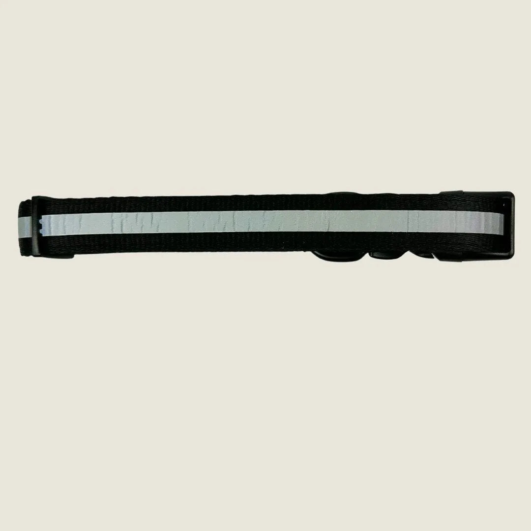Black adjustable dog collar with neoprene padding and reflective strip for visibility during walks.