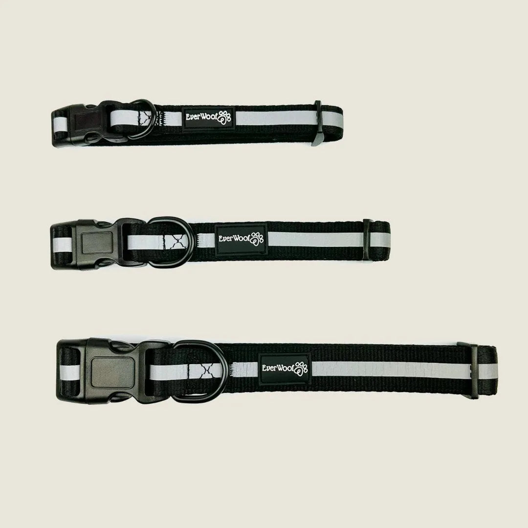 Adjustable black dog collar with reflective stripes and EverWoof branding, showcasing neoprene padding for comfort.