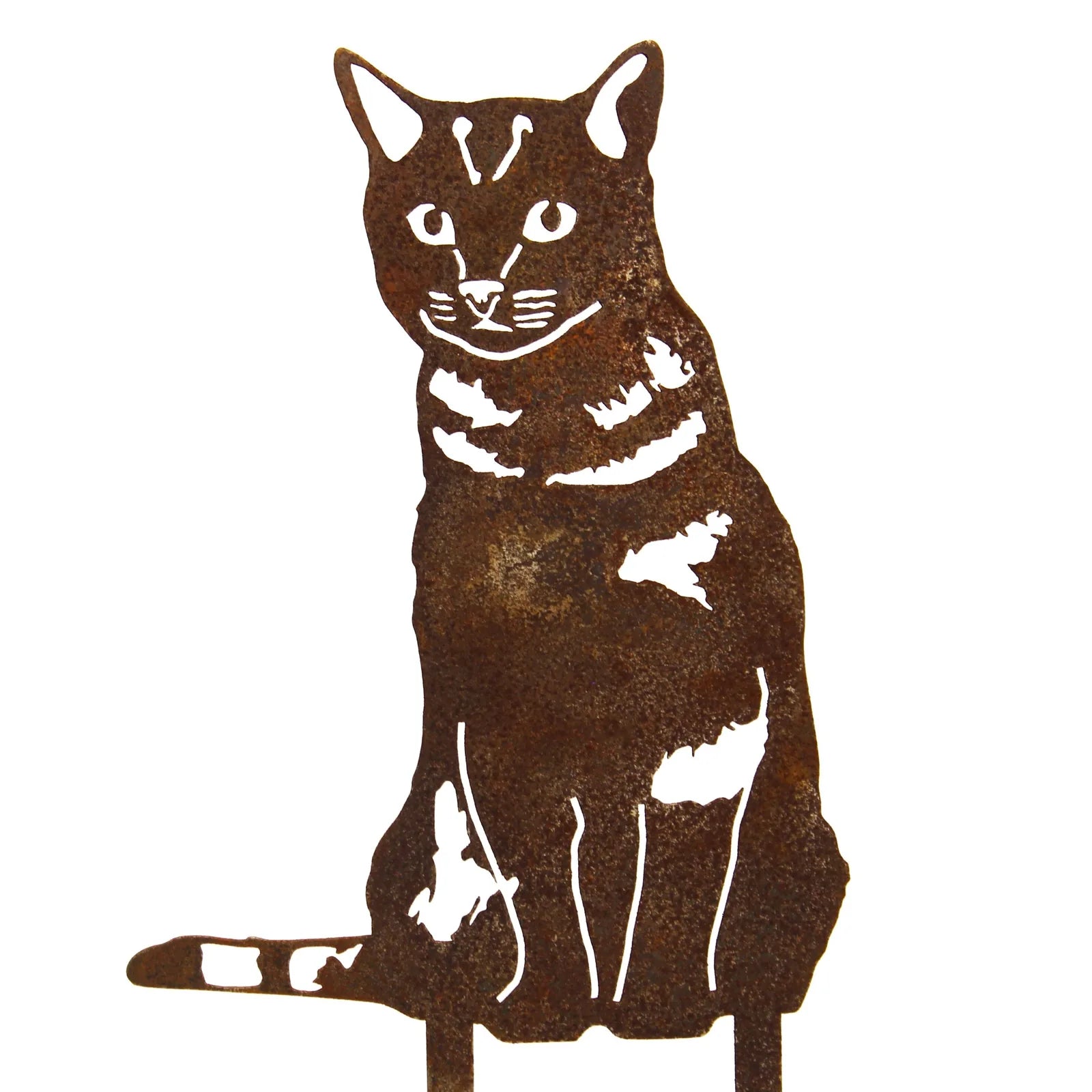 Rusty Corten steel silhouette of a seated shorthair tabby cat, featuring intricate cut-outs for a rustic outdoor decor look.