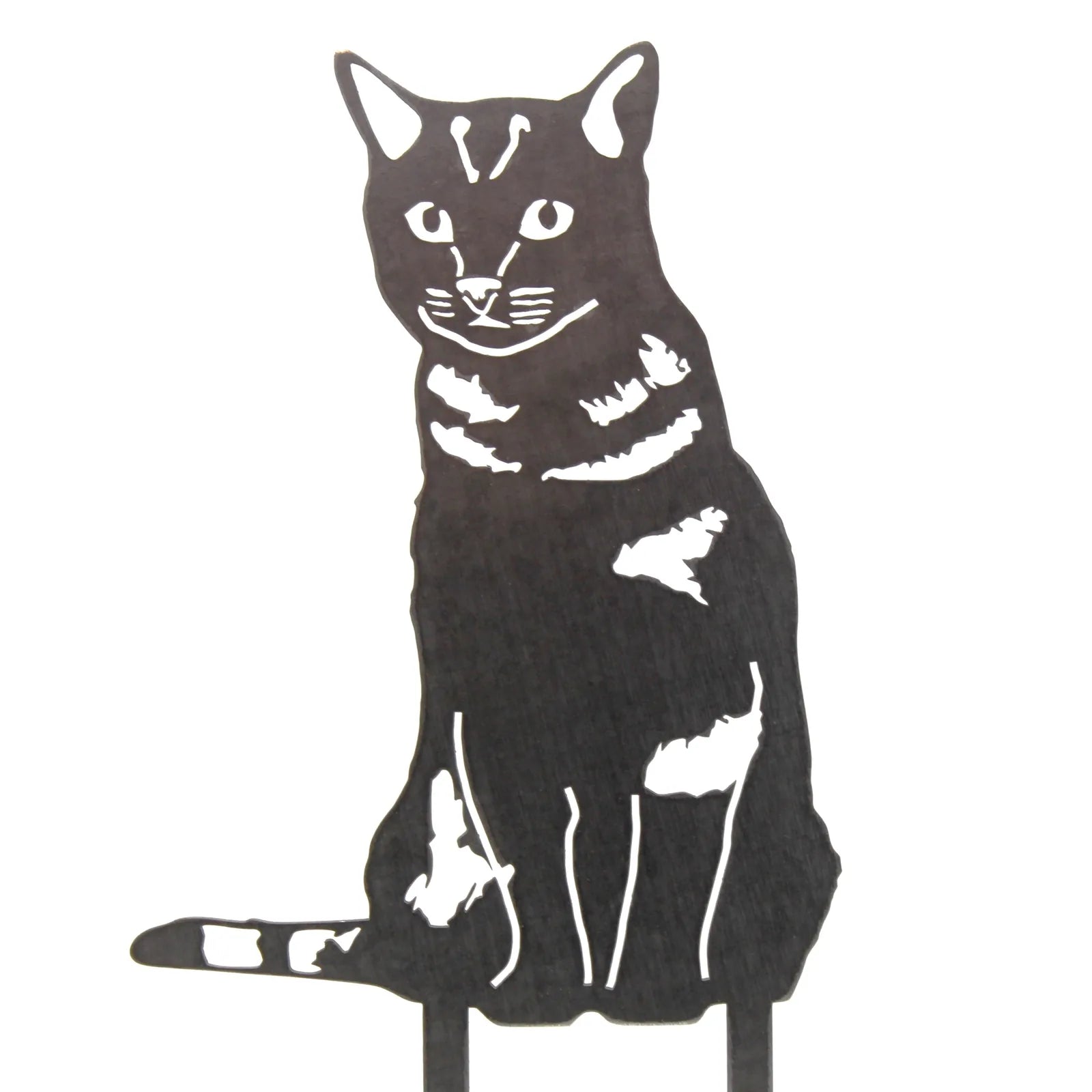 Black metal silhouette of a sitting shorthair tabby cat with striking features, perfect for outdoor decor.