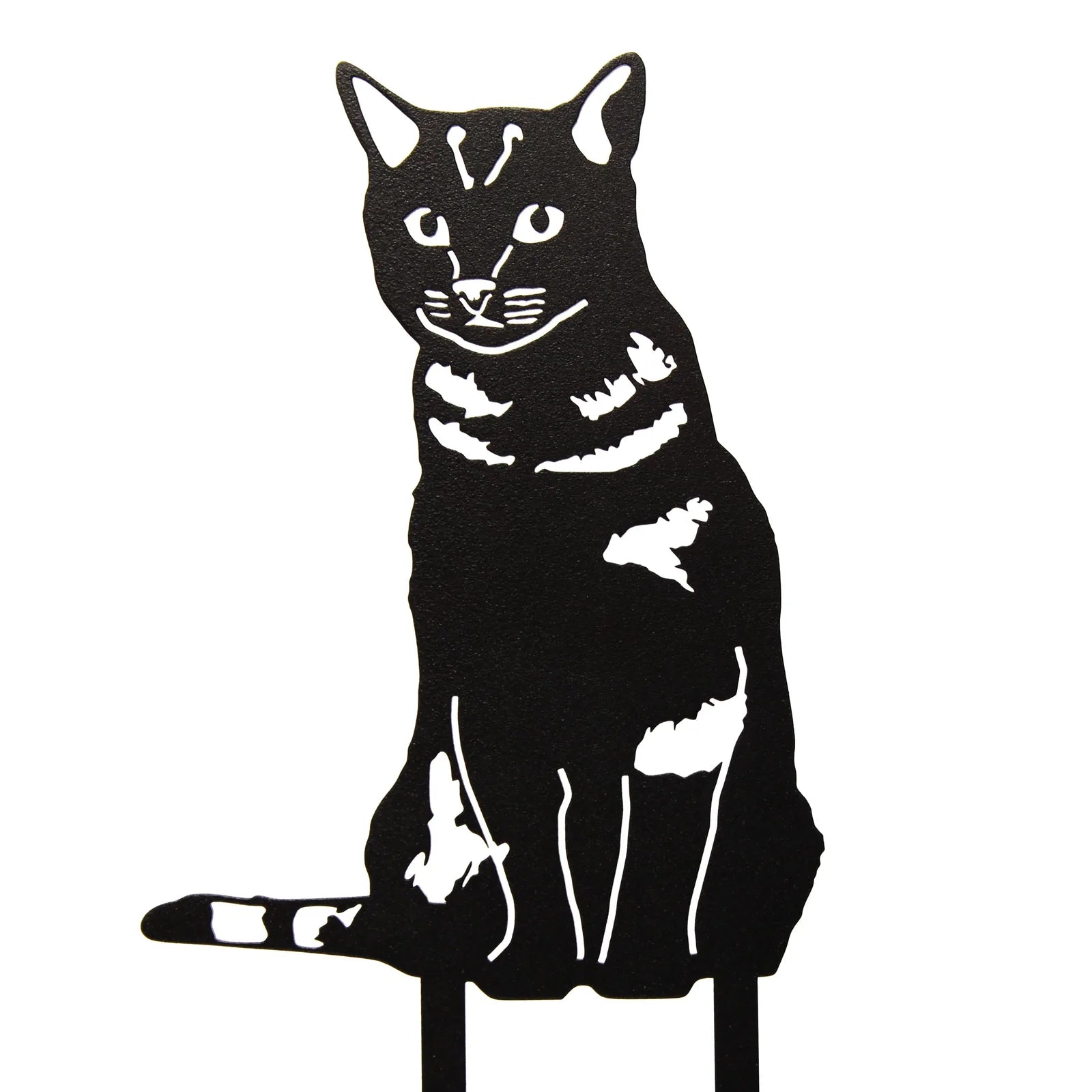 Black metal silhouette of a shorthair tabby cat sitting, showcasing distinct facial features and stripes.