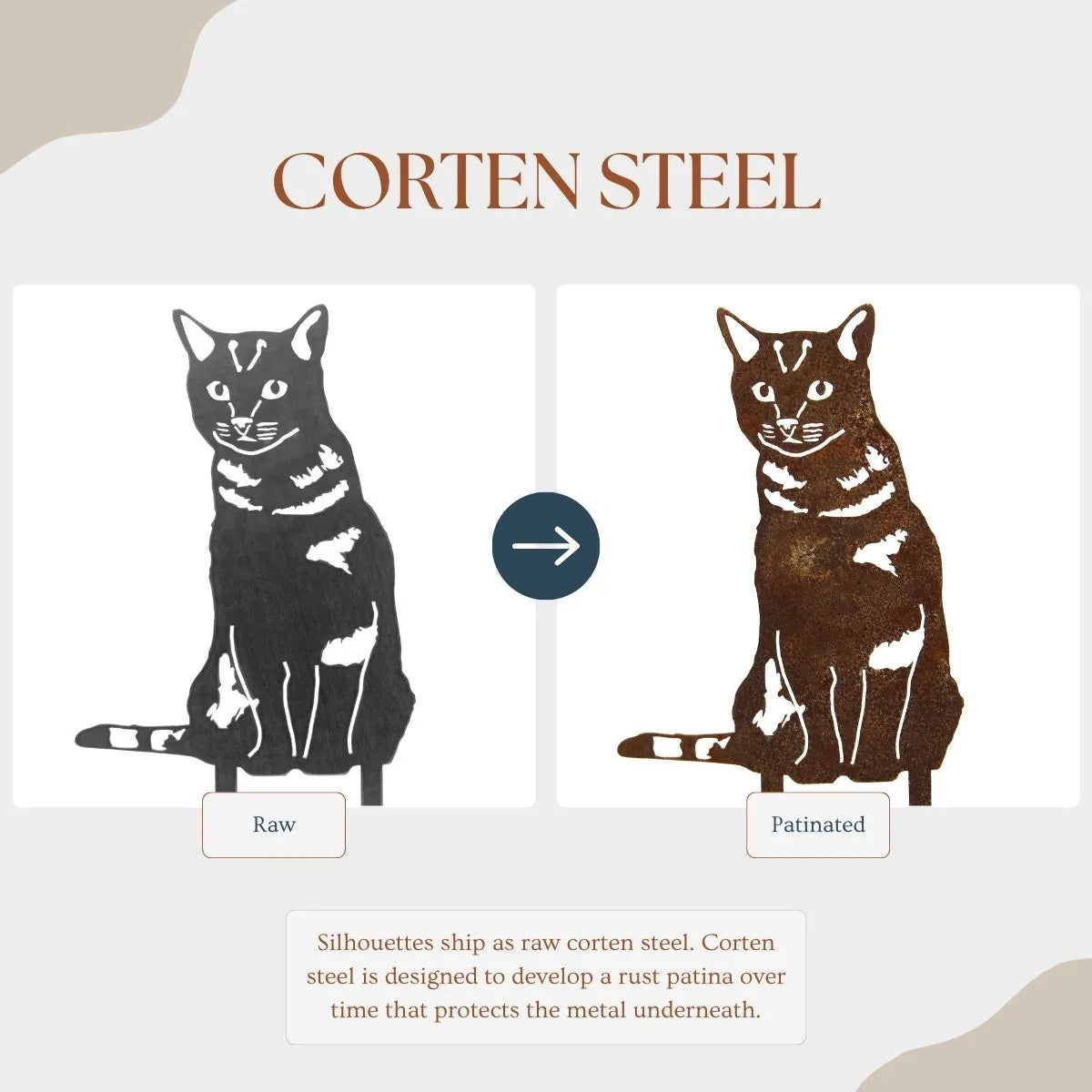 Shorthair tabby cat silhouette in black and rust patinated Corten steel, showcasing its rustic outdoor metal art design.
