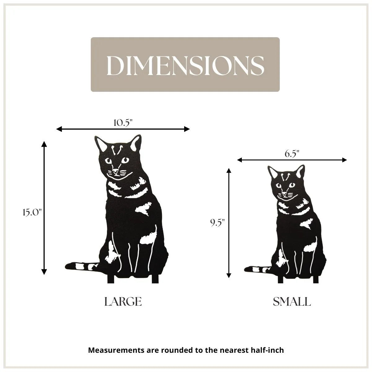 Black metal silhouette of a shorthair tabby cat, showcasing dimensions for large (15"x10.5") and small (9.5"x6.5").