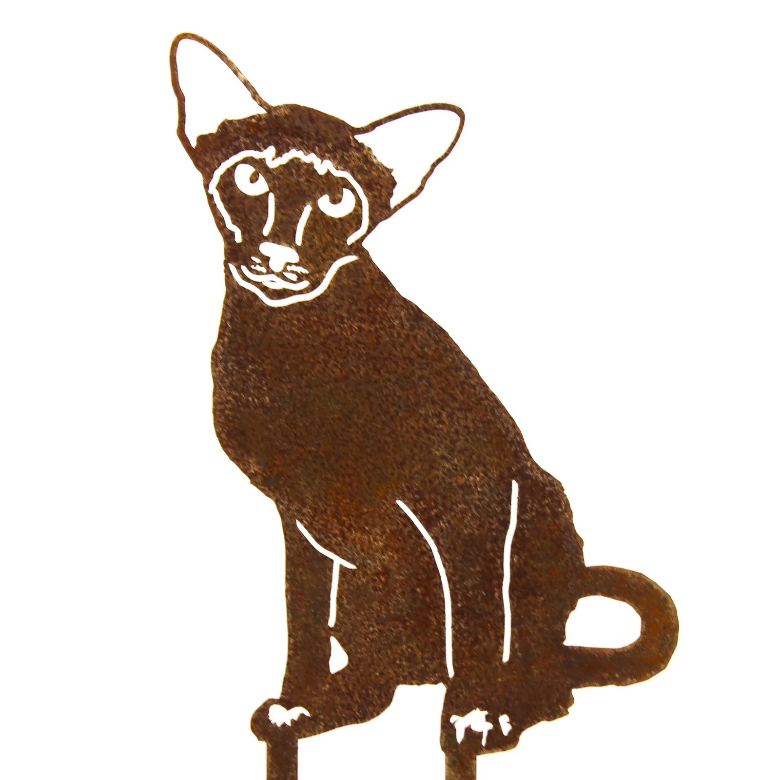 Handmade Siamese cat silhouette in rusted Corten steel, perfect for garden decor. Sturdy design with two stakes included.