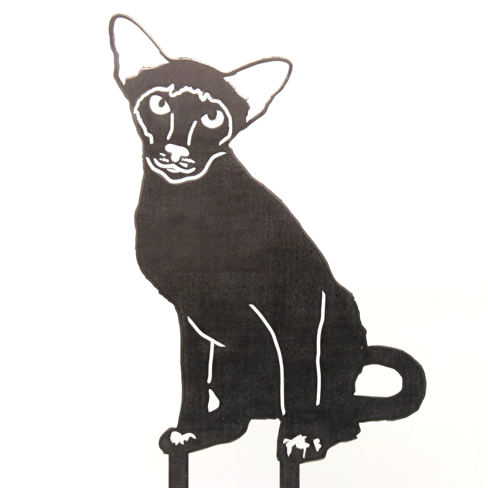 Black Siamese cat silhouette made of metal, featuring detailed characteristics, designed for outdoor garden decor.