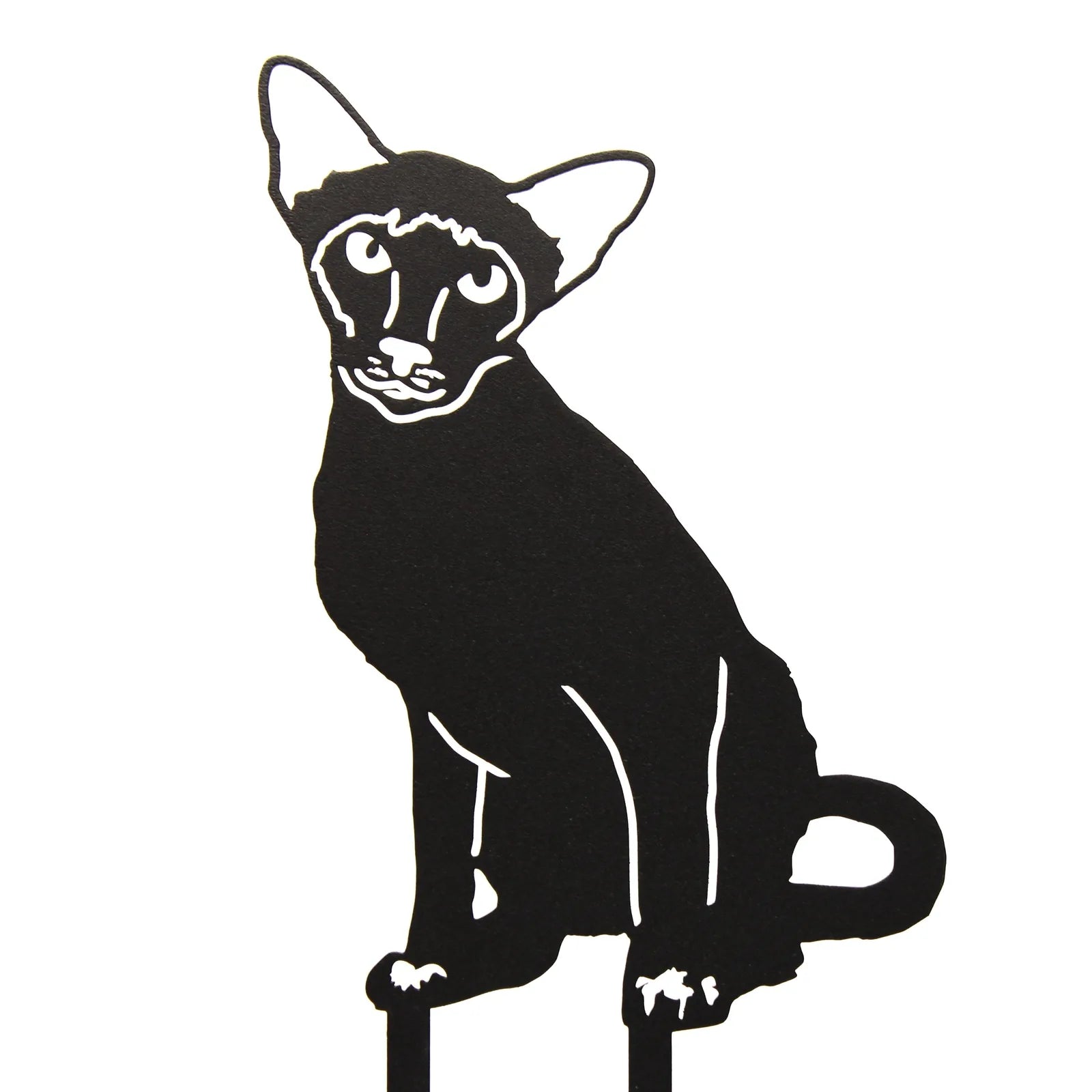 Handmade black metal silhouette of a Siamese cat, designed for outdoor garden decor with sturdy stakes for installation.