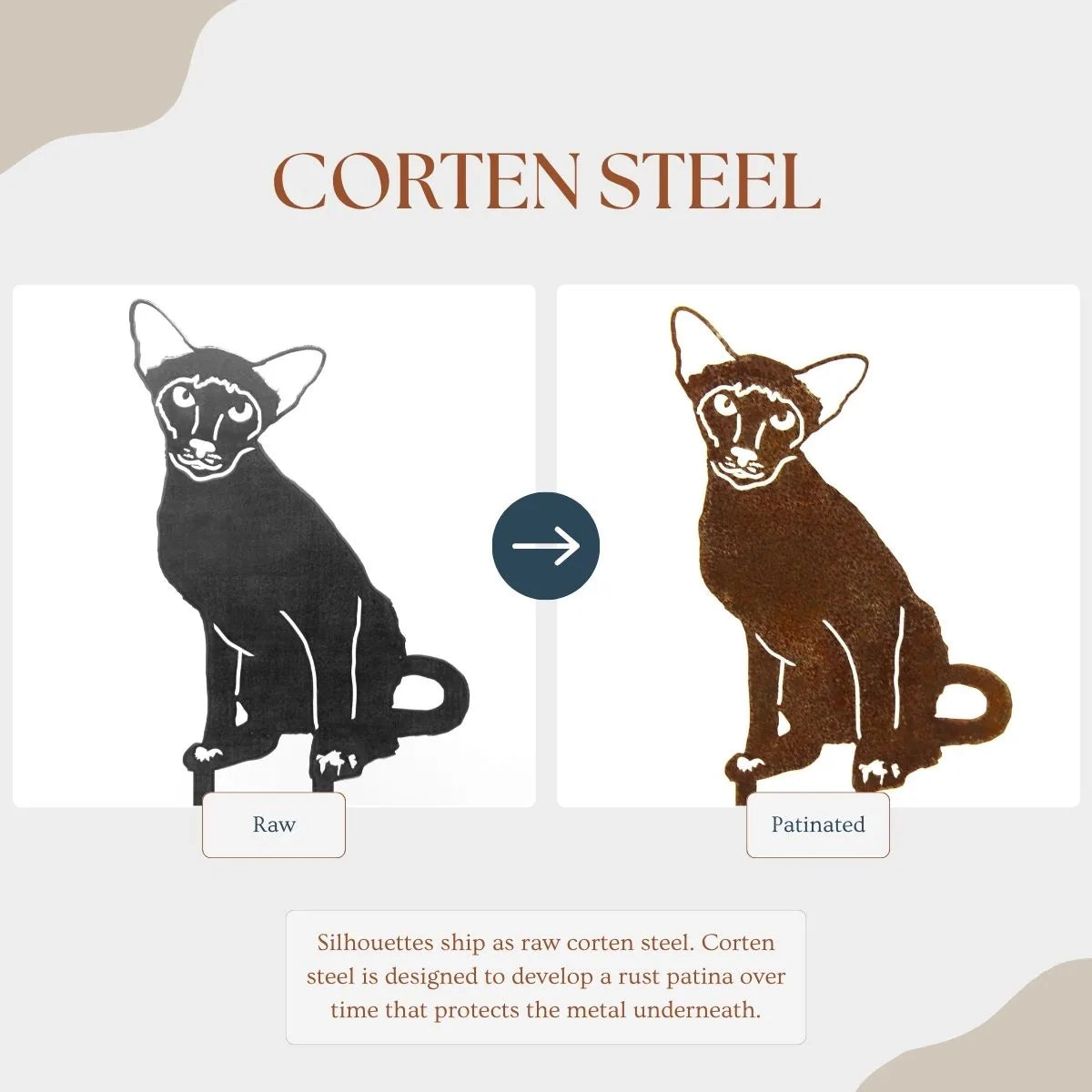 Siamese cat silhouette in black and rust patina, showcasing Corten steel's weathering properties for outdoor decor.
