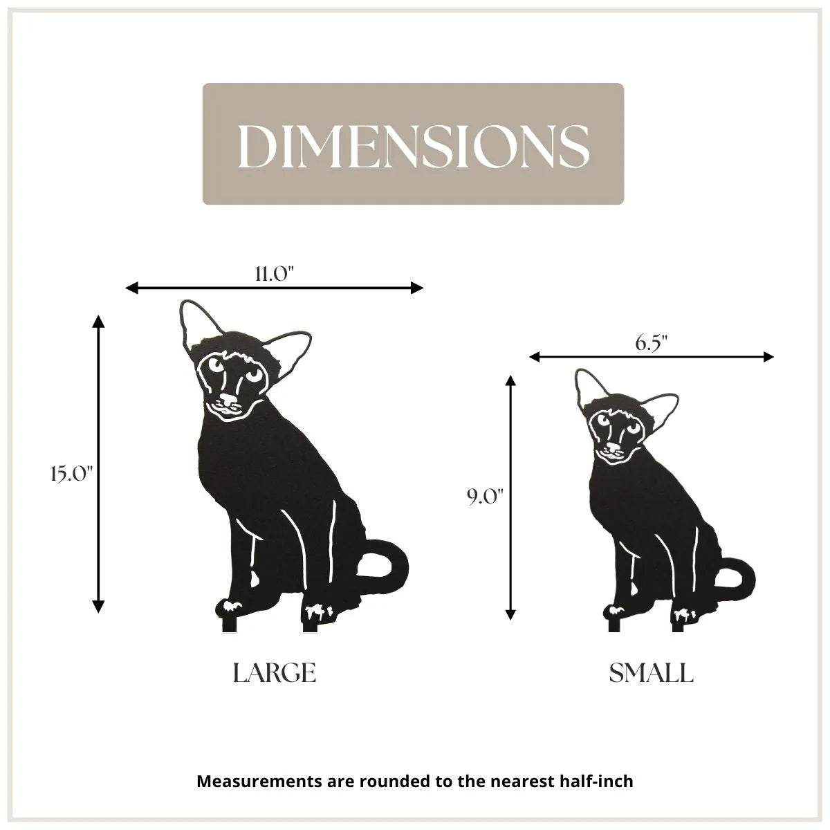 Siamese cat silhouette dimensions showing large (15") and small (9") sizes in black metal design.