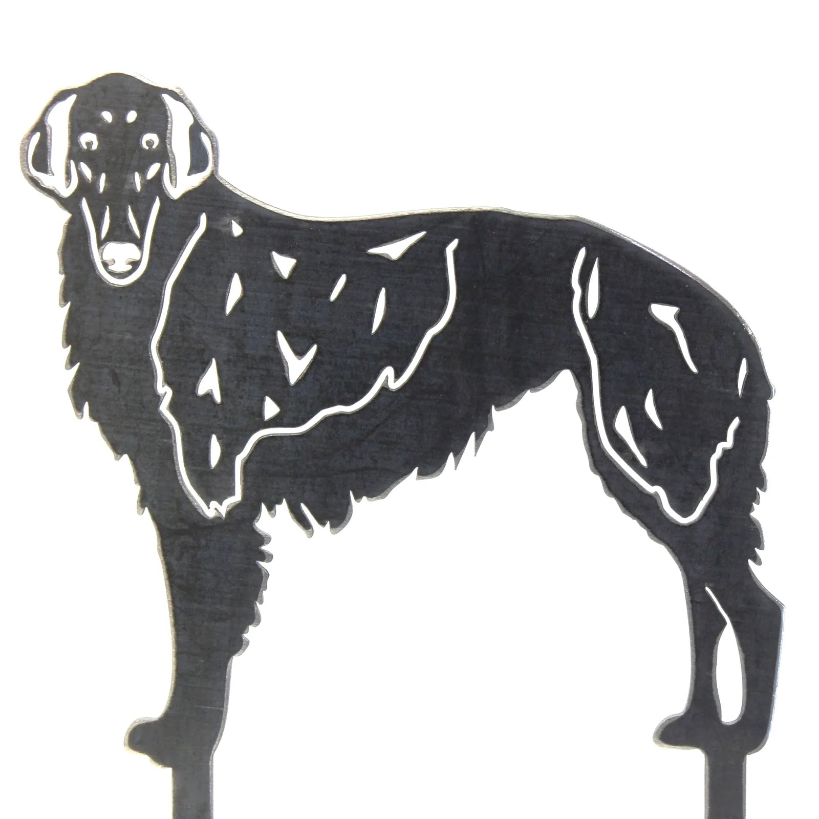 Handmade black metal silhouette of a Silken Windhound, featuring detailed cutouts and a sturdy base for outdoor display.
