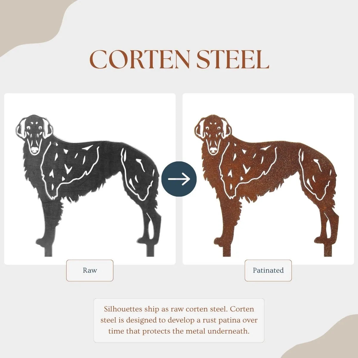 Silken Windhound metal silhouette showing raw corten steel on the left and patinated rust finish on the right.