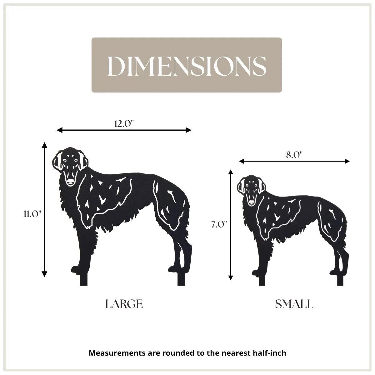 Decorative black metal silhouettes of a Silken Windhound, showing dimensions for small (7") and large (11") sizes.