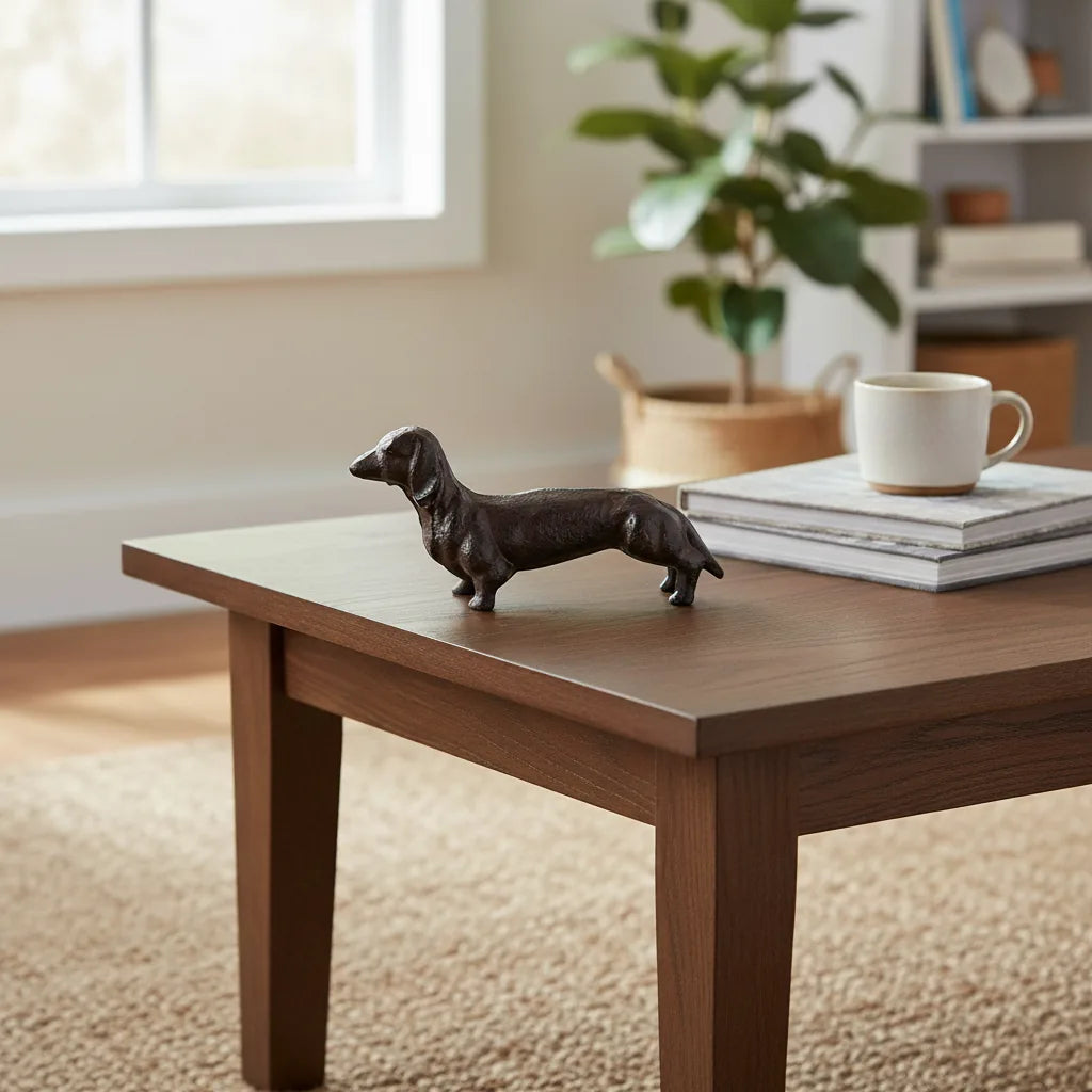 Handcrafted cast iron small dog figurine on a wooden tabletop, featuring a rustic finish, ideal for farmhouse decor.