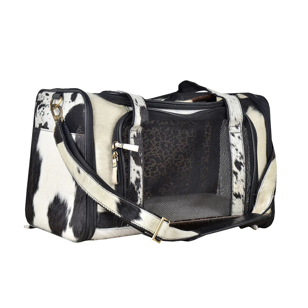 Stylish black and white hairon leather dog bag with mesh panels, suitable for small pet transportation.