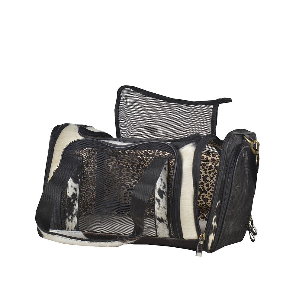 Stylish black and white Smoke Hairon leather dog bag with mesh top and leopard print interior, ideal for small pets.