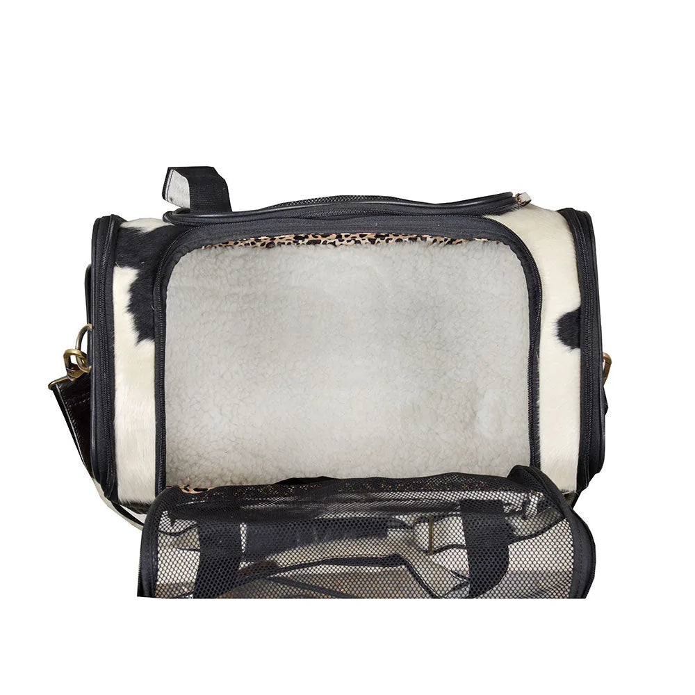 Stylish Smoke Hairon Leather Dog Bag in black and white, featuring a soft, cozy interior and mesh details.