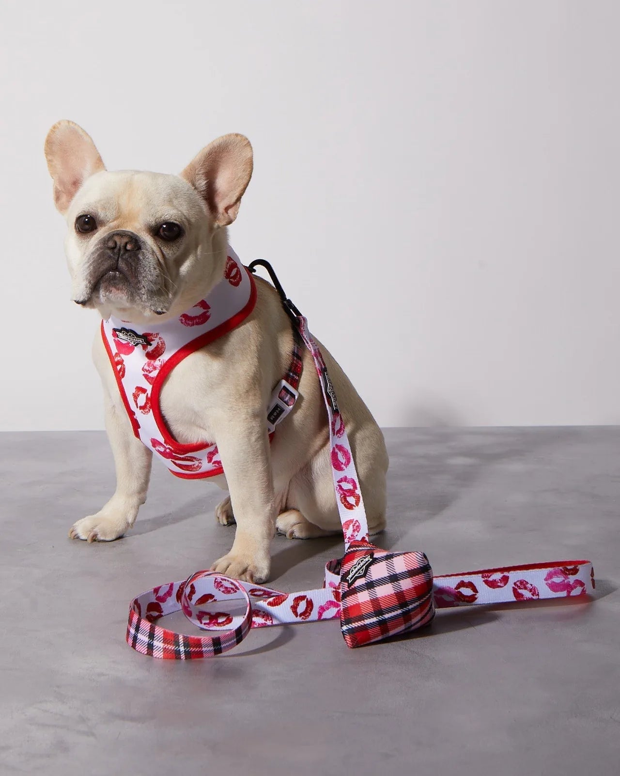 French Bulldog wearing a red and white harness sits beside a Smooch My Pooch dog leash featuring lip print designs.