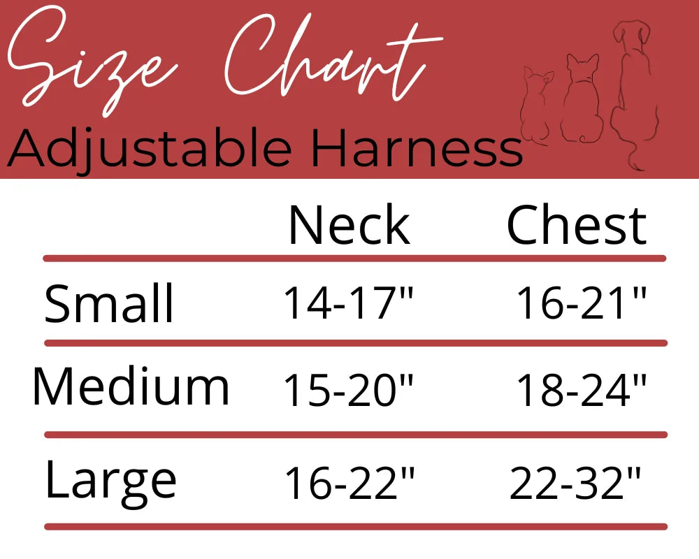 Size chart for the Snowy Slopes Adjustable Harness, showing neck and chest measurements for Small, Medium, and Large.