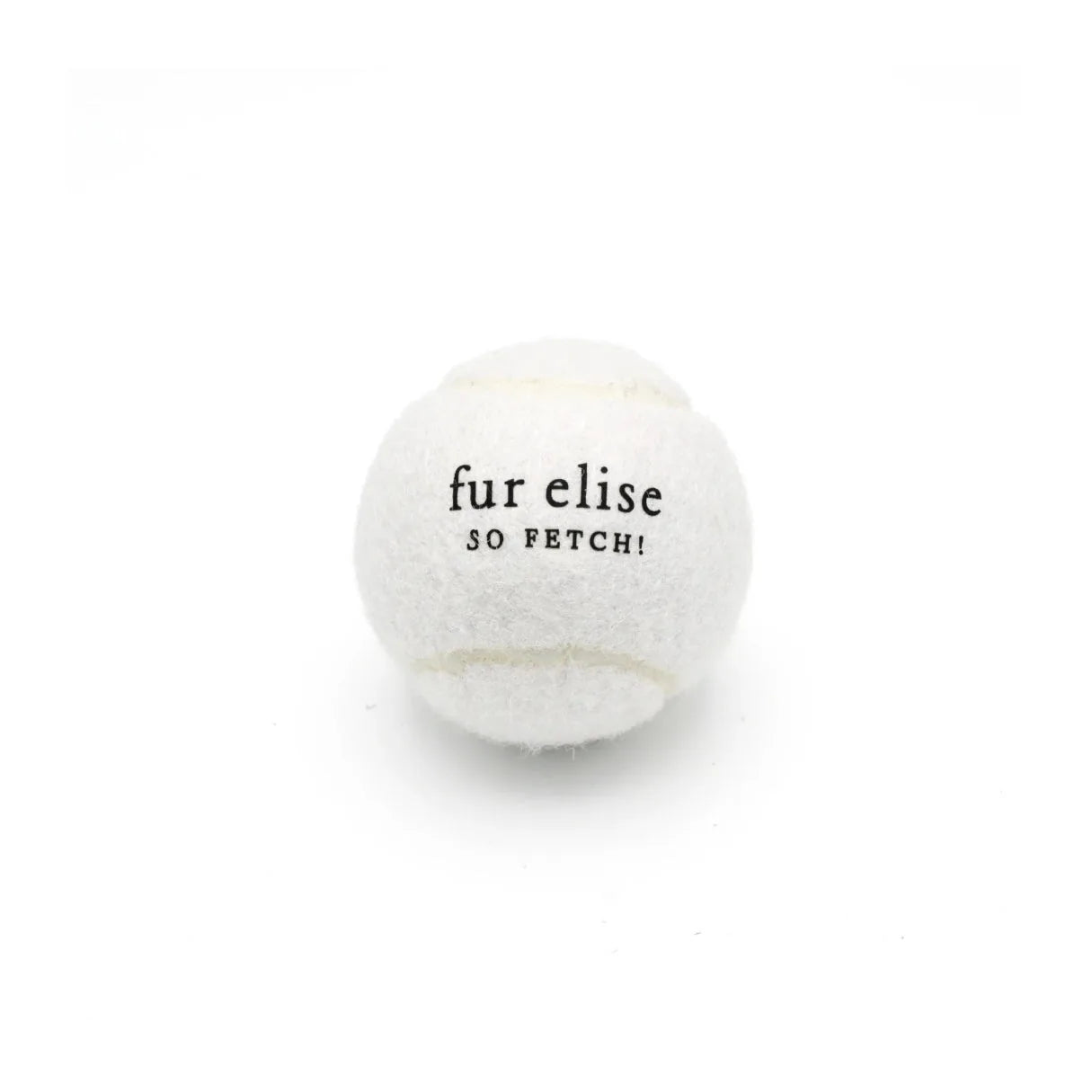 Ivory tennis ball for dogs with "fur elise SO FETCH!" printed, featuring a pet-safe felt covering and a natural rubber core.