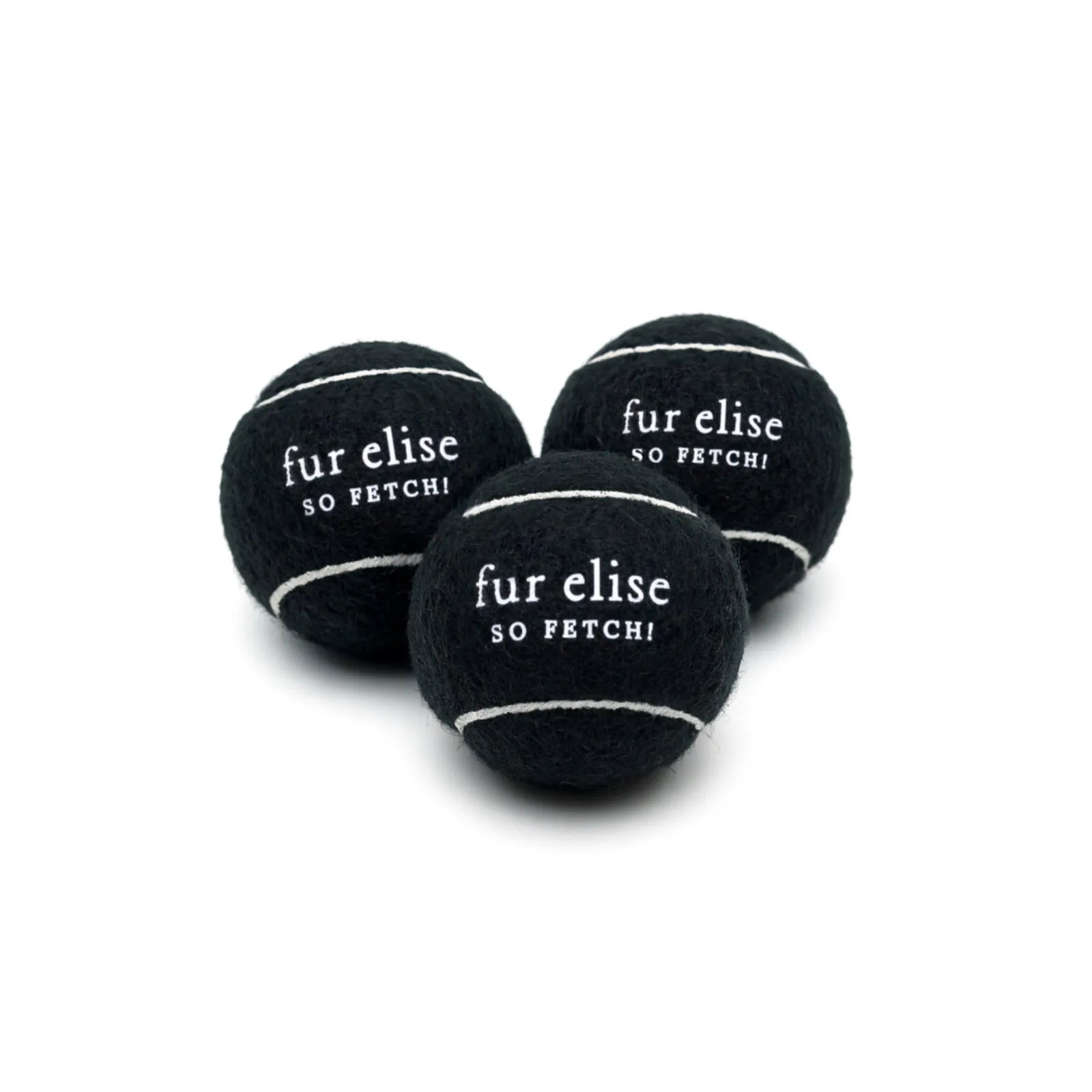 Chic black tennis balls for dogs, featuring white stripes and "fur elise SO FETCH!" text, perfect for playful fetch games.