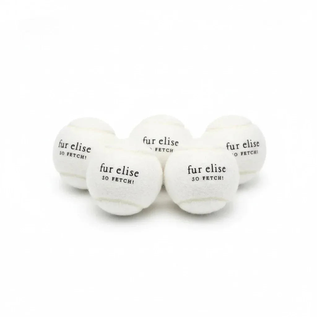 Set of five ivory tennis balls for dogs, featuring "fur elise SO FETCH!" text, made with pet-safe material.