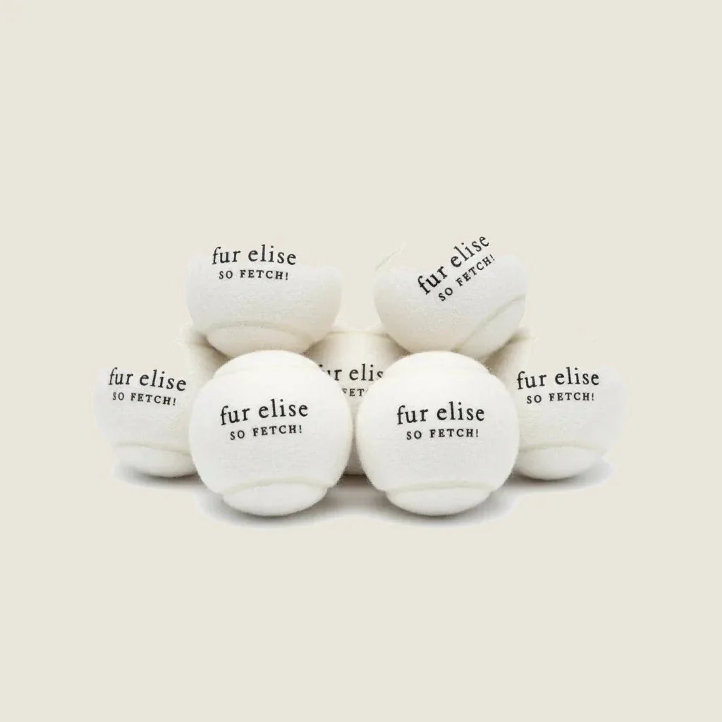 Pack of 7 ivory tennis balls for dogs, featuring "fur elise" and "SO FETCH!" text, made from pet-safe materials.