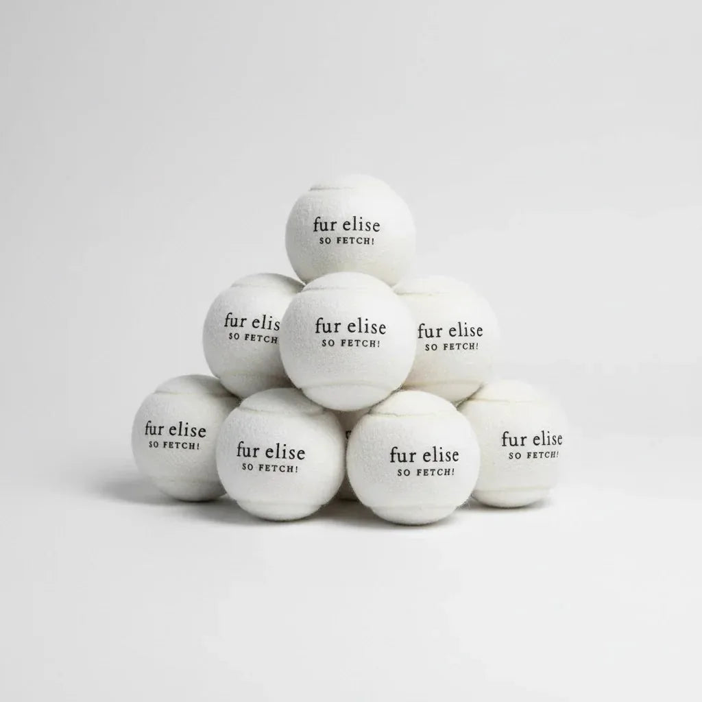 Pack of seven ivory tennis balls for dogs, featuring "fur elise" and "SO FETCH!" text, made from pet-safe felt.