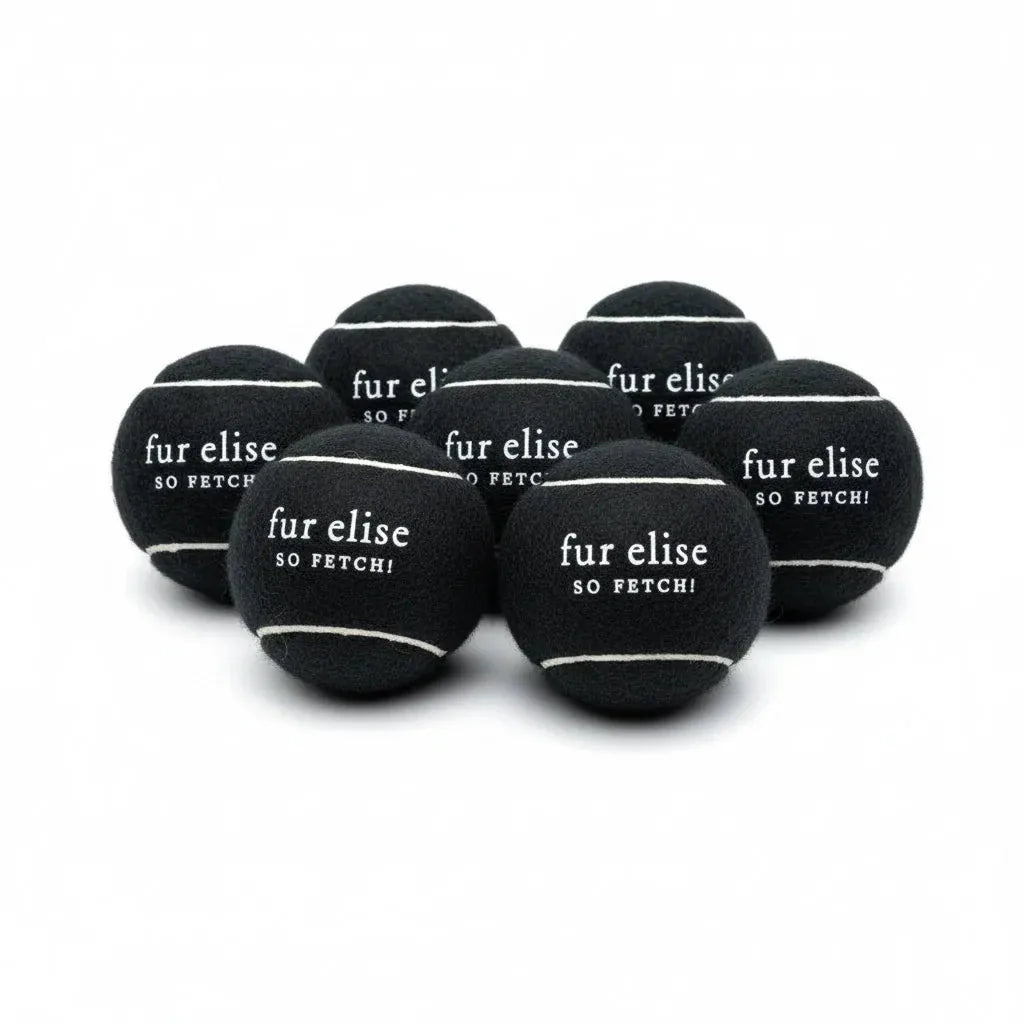 Black tennis balls featuring “fur elise” and “SO FETCH!” text, perfect for dog play sessions. Pack of seven.