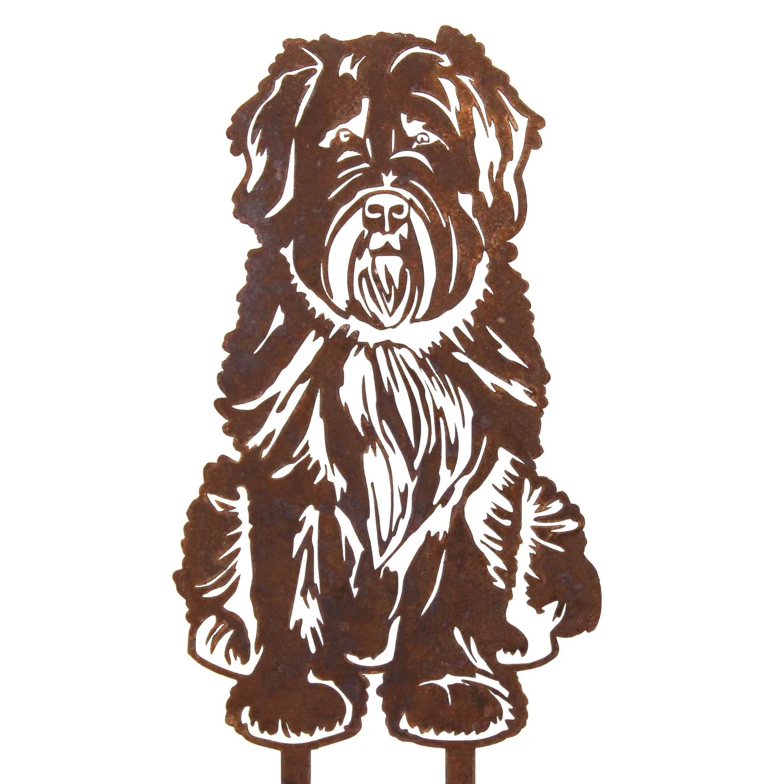 Rusty Corten steel silhouette of a Soft Coated Wheaten Terrier, detailed with distinctive facial and fur features.