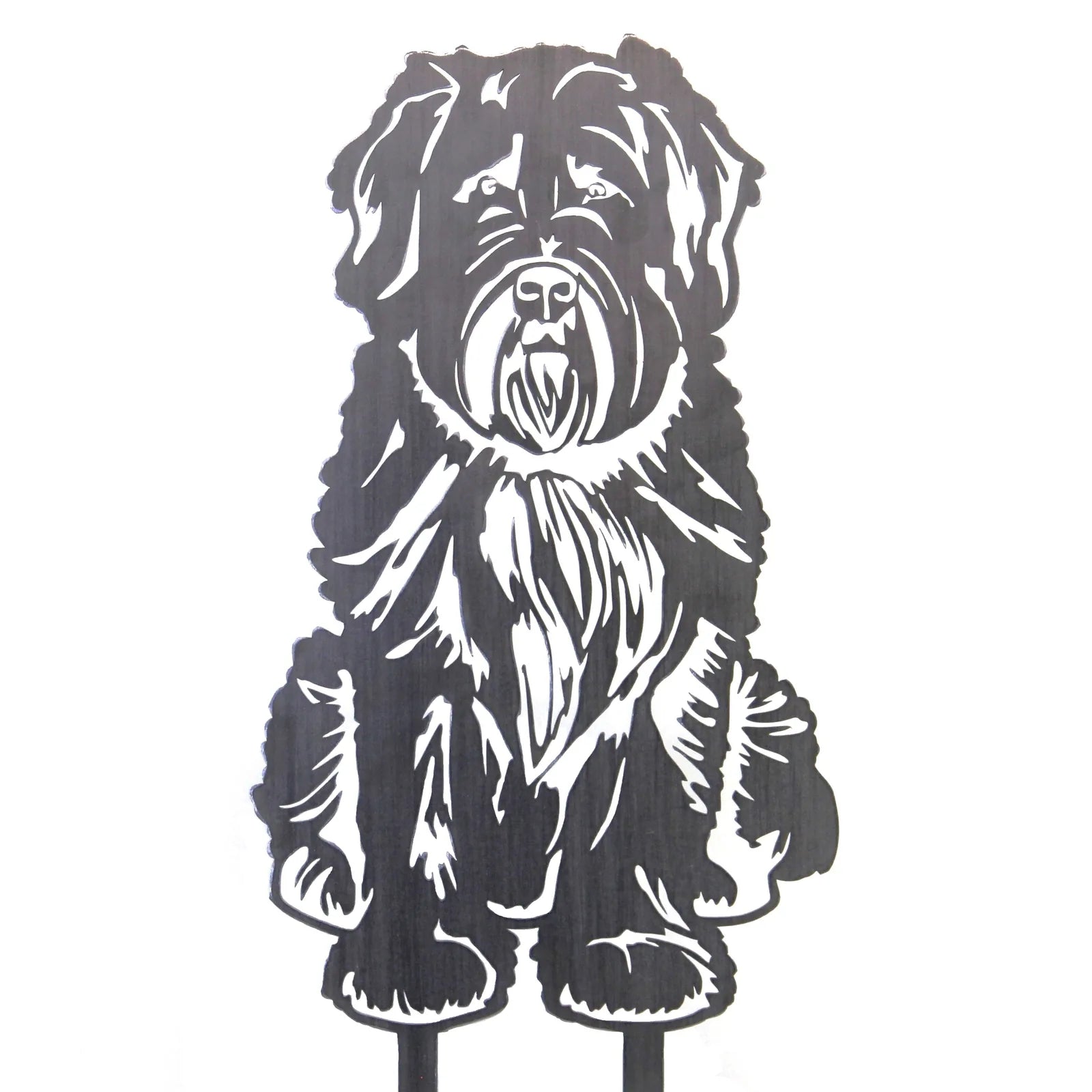 Black metal silhouette of a Soft Coated Wheaten Terrier, featuring detailed fur texture and playful expression.
