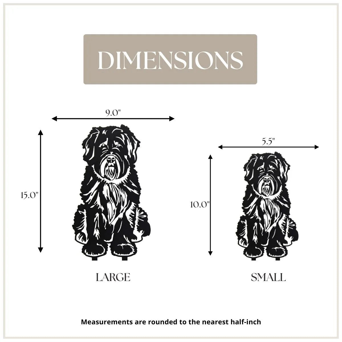 Soft Coated Wheaten Terrier silhouette dimensions showing large (15" x 9") and small (10" x 5.5") sizes in black.
