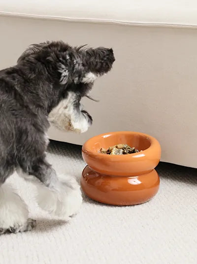 Amber orange soufflé pet bowl with a diagonal opening, stable design, and a small dog approaching it.