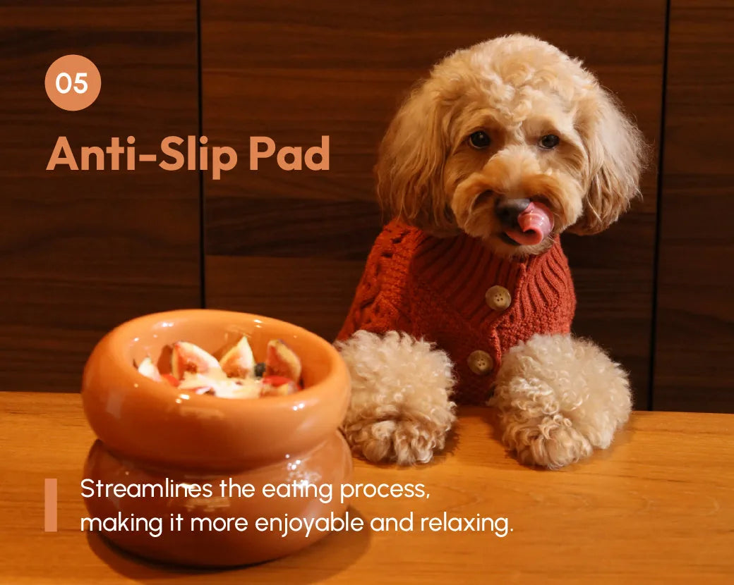 Amber orange soufflé pet bowl with diagonal opening, anti-slip pad, alongside a dog in a cozy sweater, resting on a wooden...