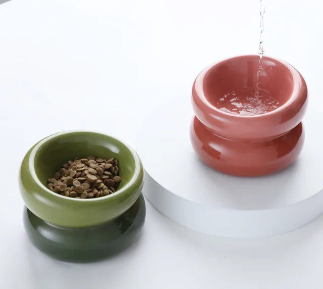 Avocado green pet bowl with food, featuring a sleek design for comfortable eating and easy cleaning.