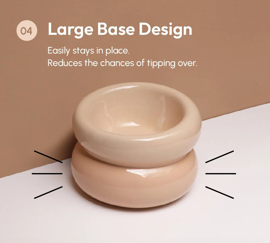 Cream beige pet bowl with a large stable base design, ensuring it stays in place during feeding time.